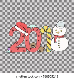 New Year 2018. Hand drawn logo for New Year card, poster, design. Santa hat. dog, snowman, candy stick on stylized year lettering. Transparent background