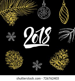 New Year 2018 hand written symbol with christmas doodle on background.