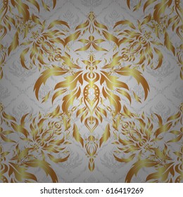New Year 2018 holiday decoration. Vector abstract seamless pattern with golden geometrical elements. Fan shaped Christmas gold. Golden stylized stars on a gray background.