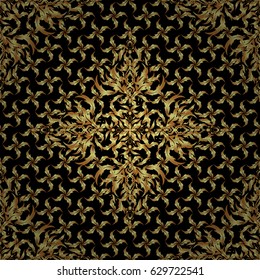 New Year 2018 holiday decoration. Vector abstract seamless pattern with golden geometrical elements. Fan shaped Christmas gold. Golden stylized stars on a black background.
