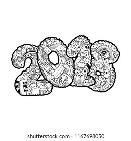 New year 2018. Monster doodle date. Ornate holiday symbol. Vector illustration for prints, design and coloring pages.