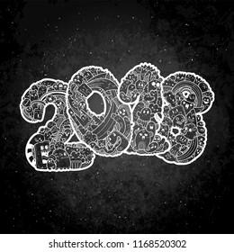 New year 2018. Monster doodle date. Ornate holiday symbol. Vector illustration for prints and design on a blackboard