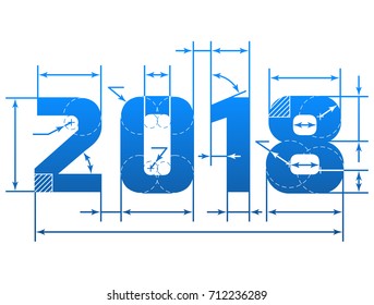 New Year 2018 number with dimension lines. Element of blueprint drawing in shape of 2018 year