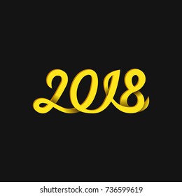 New Year 2018 number monoline handwritten calligraphic lettering on black background. Mockup greeting card yellow design element template for winter holidays.