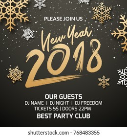 New Year 2018 party poster invitation decoration design. Xmas holiday template background with snowflakes.