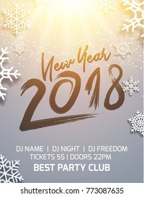 New year 2018 party poster invitation decoration design. Dance disco xmas holiday template background with snowflakes.