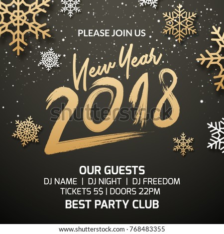 New Year 2018 party poster invitation decoration design. Xmas holiday template background with snowflakes.
