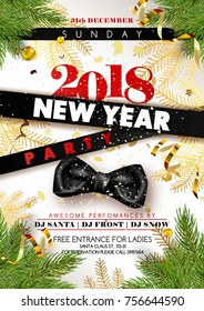 New Year 2018 party promotional poster with black silk bow, stripes with signs and gold serpentine and decorations vector