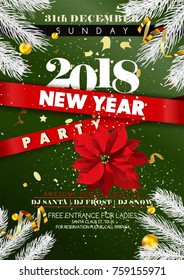 New Year 2018 party vector invitation poster Christmas tree golden glitter confetti