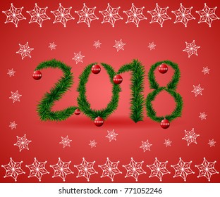 New Year 2018 of pine branches with snowflakes and red balls on red background. Vector illustration.
