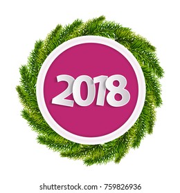 New Year 2018 pink greeting card concept with christmas tree branches isolated. Vector illustration