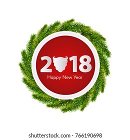 New Year 2018 pink greeting card concept with christmas tree branches isolated. Vector illustration