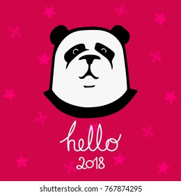 New Year 2018 postcard. Cute panda on red background