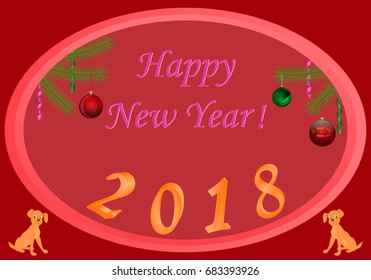 New year 2018 red background green ball Christmas tree branch