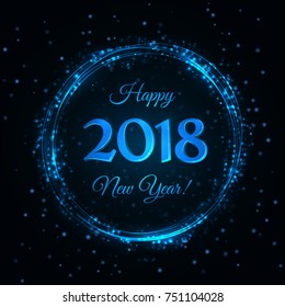 New Year 2018 in round banner with blue twinkling lights
