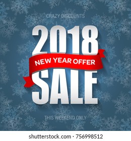 New Year 2018 sale badge, label, promo banner template. Special offer text on ribbon.