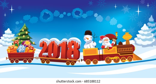 New Year 2018 and Santa Claus in a toy train with gifts, snowman and Christmas tree.