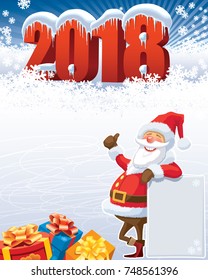 New Year 2018 and Santa Claus with gifts over christmas winter decoration.