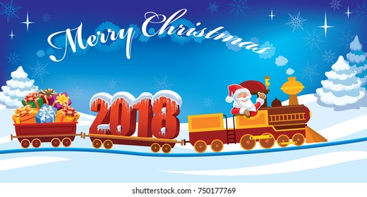 New Year 2018 and Santa Claus in a toy train with gifts, snowman and Christmas tree.