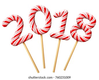 New Year 2018 in shape of candy on wooden stick. Year number of striped peppermint lollipops. Vector illustration