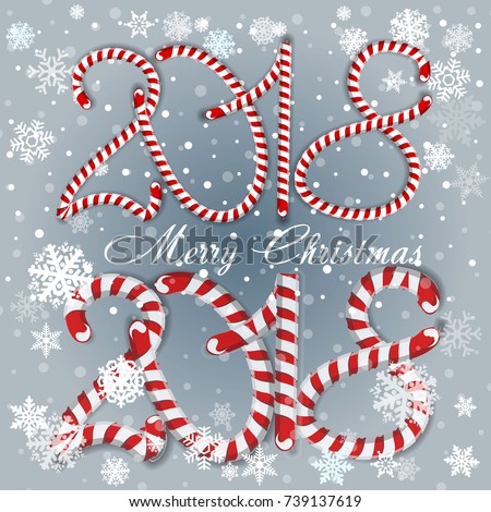 New Year 2018 in shape of candy stick isolated on white. Year number as striped holiday candies. Vector design element for christmas, new years day, sweet-stuff, winter holiday, new years eve