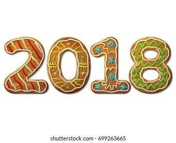 New Year 2018 in shape of gingerbread isolated on white. Year number as cookies