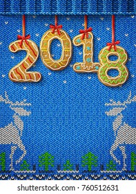 New Year 2018 in shape of gingerbread against knitted background. Year number like cookies on ribbon