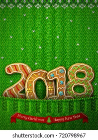 New Year 2018 in shape of gingerbreads in knitted pocket. Jumper fragment with year number like cookies