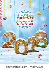 New Year 2018 in shape of gingerbreads in snow. Winter landscape with cookies, christmas decoration and congratulation