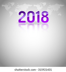 New year 2018. Simple purple numbers on the gray background with world symbols. Vector design elements.