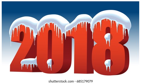 New Year 2018 with snow, icicles and ice on a blue background 