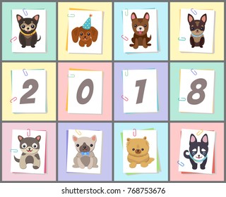 New Year 2018 symbol dog on set of postcards. Vector illustration with cute smiling pets in collars on colorful poster on light background