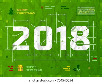 New Year 2018 as technical blueprint drawing. Drafting of 2018 on crumpled paper
