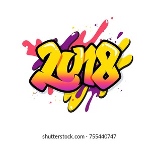 New year 2018 text design. Greeting card design with 3D numbers and color splatters. Vector illustration