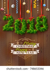 New Year 2018 of twigs like christmas decoration. Holiday congratulation against wood background