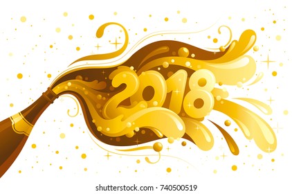 New Year 2018 vector banner with sparkling champagne wine bottle with bubbles. Alcohol drink concept illustration. Isolated on white background. Swirls pattern design. Luxury gold colors