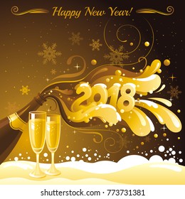 New Year 2018 vector banner, sparkling champagne wine bottle, bubbles. Alcohol drink concept illustration. Isolated black background, winter snow landscape. Swirl pattern design. Luxury gold text logo