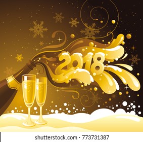New Year 2018 vector banner, sparkling champagne wine bottle, bubbles. Alcohol drink concept illustration. Isolated black background, winter snow landscape. Swirl pattern design. Luxury number logo