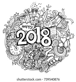 New Year 2018 vector doodle sign cartoon style, cute doodles hand drawn 2018 year