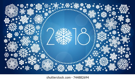 New year 2018 vector illustration with white snowflakes on dark blue background
