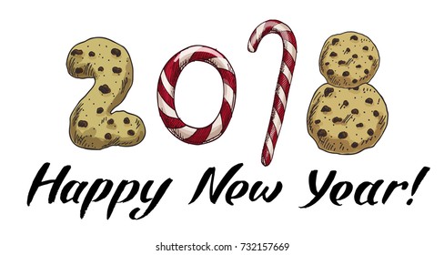 New Year 2018 . Winter card with candies and biscuits. Vector image for new years day, christmas, sweet-stuff, winter holiday, new years eve.