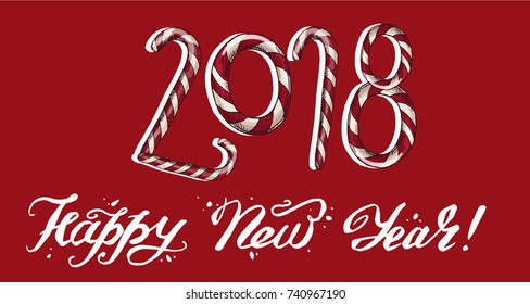 New Year 2018 . Winter card with candies andHappy New Year lettering on a red background. Vector illustration
