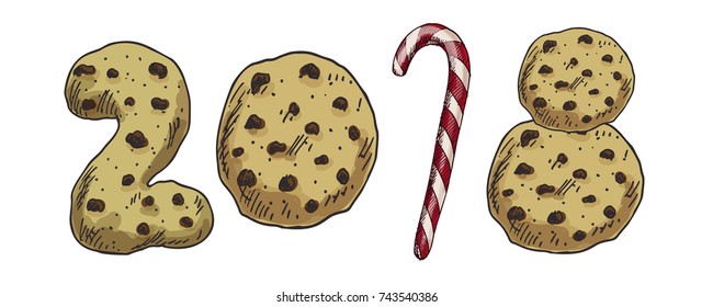 New Year 2018 . Winter card with candy and biscuits Vector image for new years day, christmas, sweet-stuff, winter holiday, new years eve.