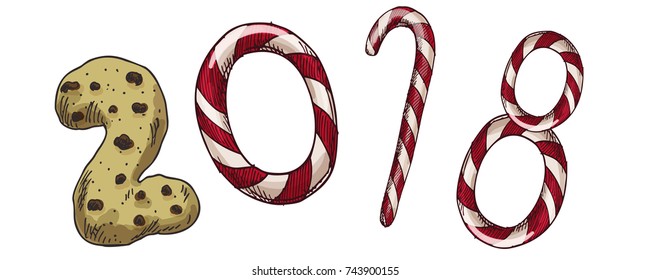 New Year 2018 . Winter card with candies and biscuit. Vector image for new years day, christmas, sweet-stuff, winter holiday, new years eve