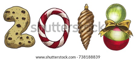 New Year 2018 . Winter card with candies, biscuit and a Christmas tree toy. Vector image for new years day, christmas, sweet-stuff, winter holiday, new years eve.