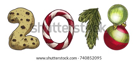 New Year 2018 . Winter card with candies, biscuit, spruce branch and a Christmas tree toys. Vector image for new years day, christmas, sweet-stuff, winter holiday, new years eve.