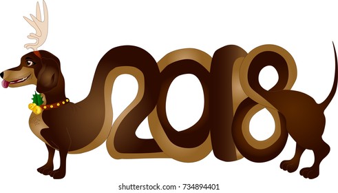 New Year 2018 - year of yellow dog in Chinese calendar: isolated brown dog with deer horns and a collar with jingle bells. Dachshund in shape of 2018.