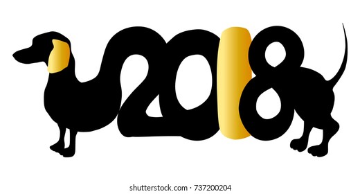 New Year 2018 - year of yellow dog in Chinese calendar: isolated black and gold dachshund dog silhouette shaped like 2018.