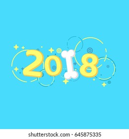 New Year 2018. The year of the yellow earth dog. Beautiful cartoon figures and a snow-white bone for the calendar. Multicolored pattern of different characters. Vector illustration in a flat style