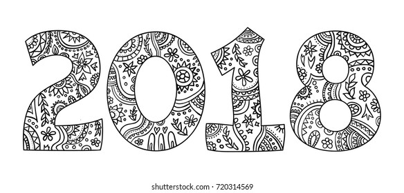 New year 2018 zentangle, black and white coloring page with numbers, hand drawn doodle vector.